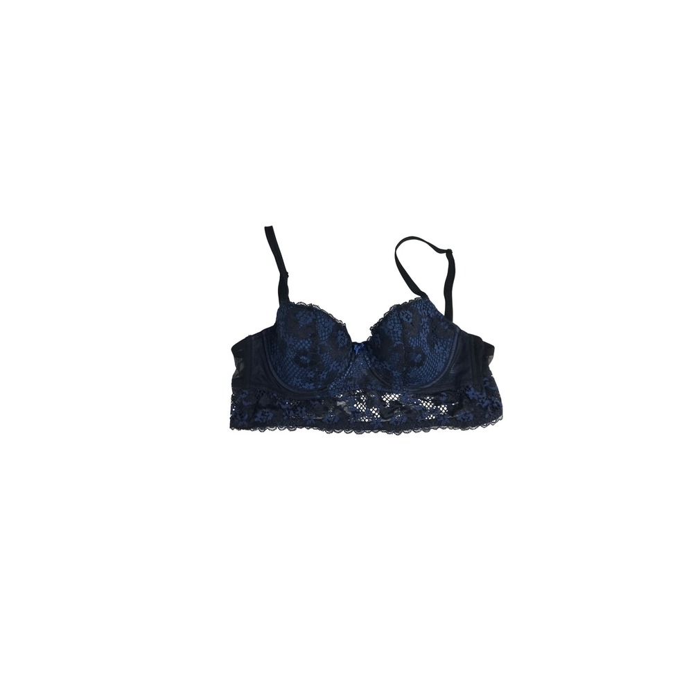 Adore Me 36C Navy Blue Black Floral Lace Longline Push Up Underwire Bra